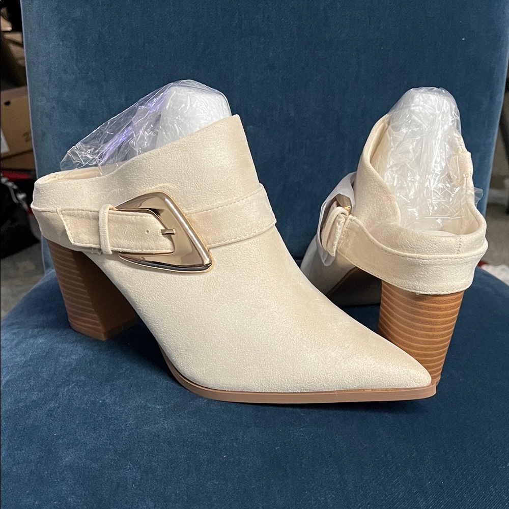 COUTGO Chic Cream Block Heel Mules with Buckle